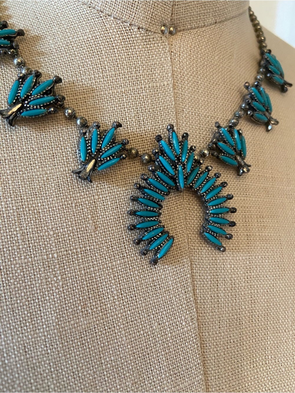 Vintage Turquoise Squash Blossom Statement Necklace - Picture 2 of 4